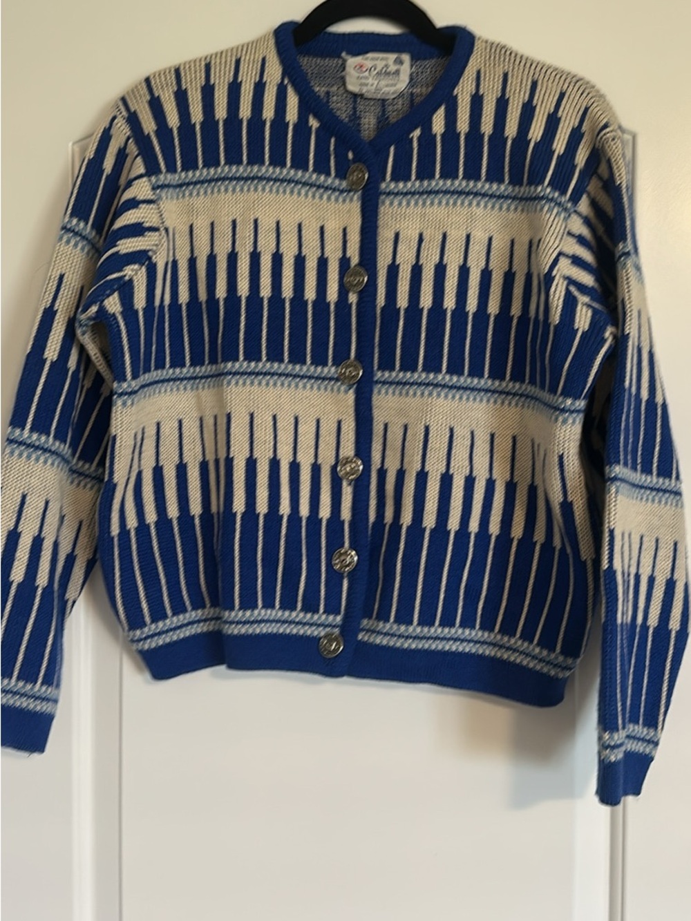 Vintage Caldwell Royal Blue and Cream Geometric Button Cardigan, wool